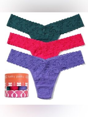 Hanky Panky Lace Thong 3-Pack in Teal, Fuchsia & Purple Low-Rise New in Box